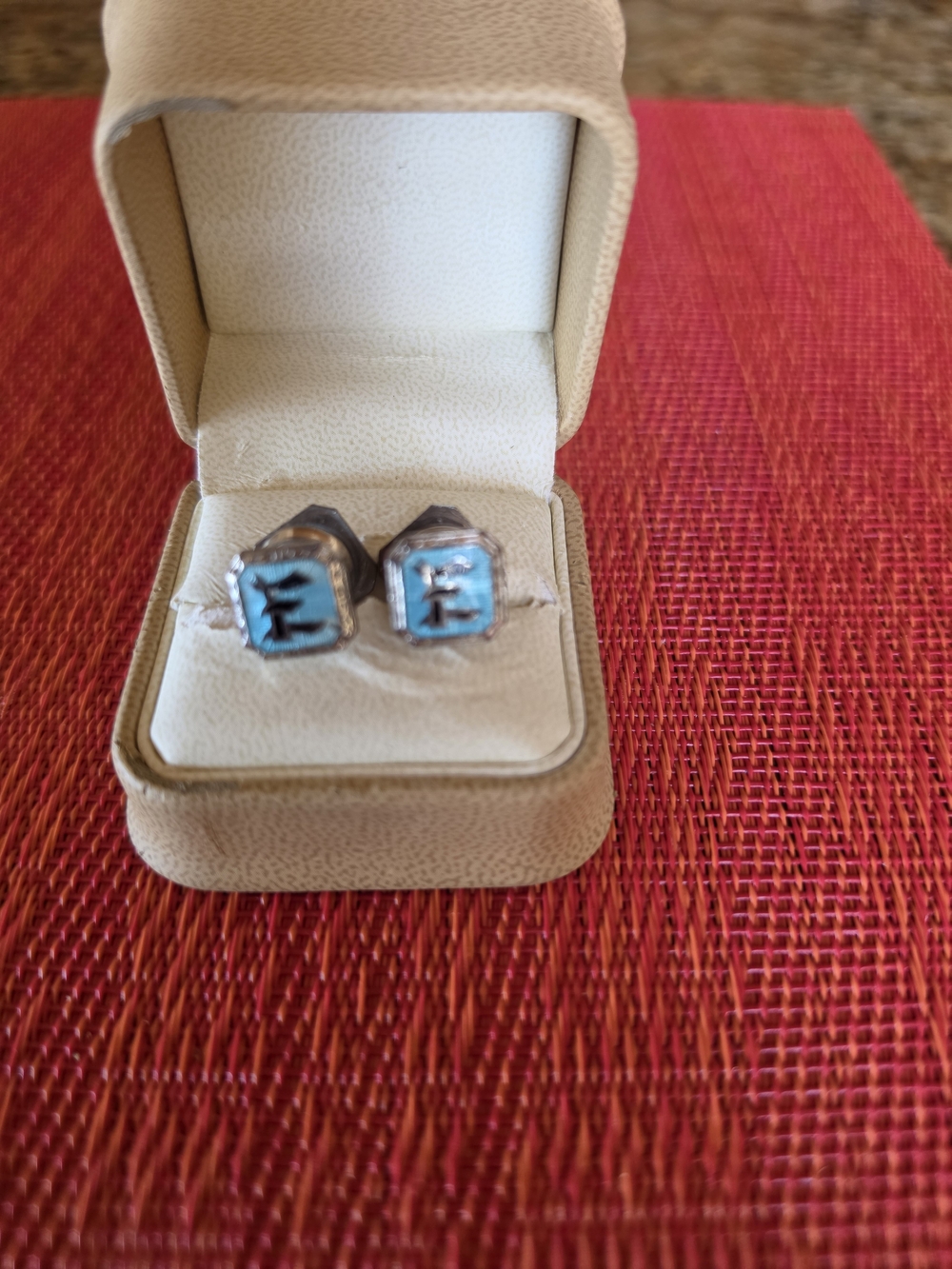 Vintage Turquoise & Black Enamel Cufflinks Pull Apart Initials Masonic EUC